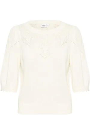 Saint Tropez Strik, Dame, Hvid, 2XL, Bomuld, Feminin Strik Pullover med Broderede Detaljer