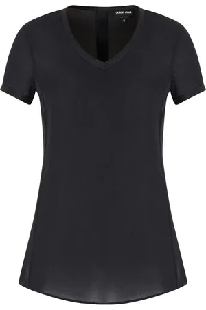 Giorgio Armani Top, Dame, Sort, XL, Sort Silke Crepe Bluse V-Hals Kort Ærme