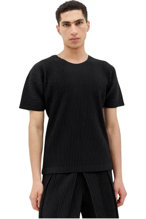 Issey Miyake Top, Herre, Sort, XL, Polyester, Plisseret Crewneck T-shirt