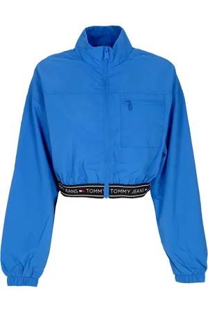 Tommy Hilfiger Jakke, Dame, Blå, M, Uld, Blå Crop Windbreaker Jakke med Taping