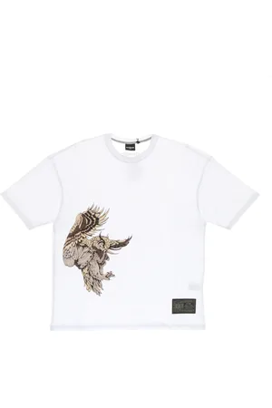 DOLLY NOIRE Top, Herre, Hvid, XL, Bomuld, Ørn Ugle Print Hvid Tee