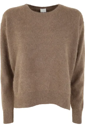 C.T.Plage Strik, Dame, Brun, S, Uld, Camel Crew Neck Sweater with Side Slits