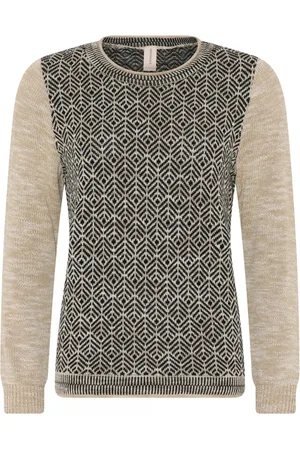 Skovhuus Strik, Dame, Sort, L, Bomuld, Casual Jaquard Pullover Bluse Due Beige