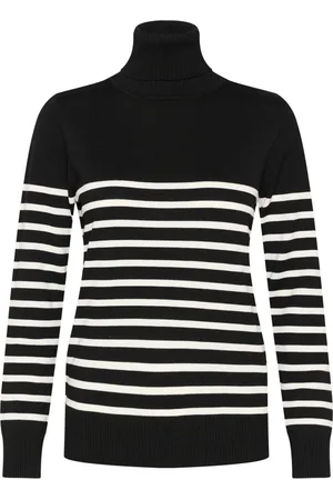 Saint Tropez Strik, Dame, Sort, M, Uld, Stribet Rollneck Pullover Sweater Sort