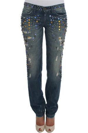 Dolce & Gabbana Jeans, Dame, Blå, 3XS, Bomuld, Krystalbesatte Slim Fit Jeans