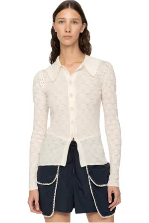SEA Strik, Dame, Hvid, M, Pointelle Strik Cardigan med Knap Detalje