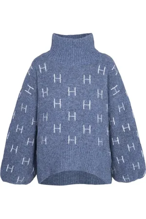Hest Strik, Dame, Blå, S/M, Uld, Hyggelig Oversized Sweater med Høj Hals