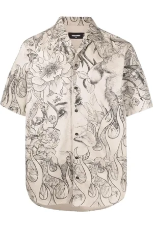 Dsquared2 Skjorte, Herre, , L, Bomuld, Kortærmet bomuldsskjorte med sort blomsterprint