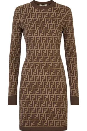 Fendi Kjole, Dame, Brun, XS, Bomuld, Bomuldskjole med FF-motiv