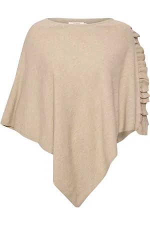 Cream Jakke, Dame, , ONE SIZE, Uld, Oversized Poncho med Ruffle Detalje