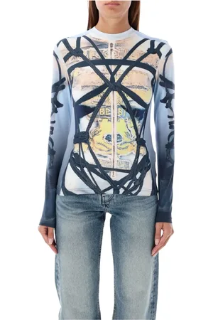 Y / PROJECT Top, Dame, Flerfarvet, S, Bondage Print Top Blå Sort