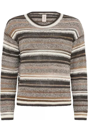 Skovhuus Strik, Dame, Brun, M, Uld, Stribet Strik Pullover Hasselnød
