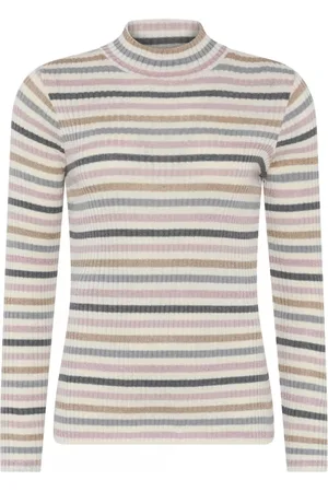 Skovhuus Strik, Dame, Flerfarvet, L, Bomuld, Stribet Ribstrikket Pullover Bluse Creme