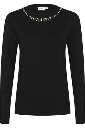 Saint Tropez Strik, Dame, Sort, M, Sort Strik Pullover med Perle Rund Hals