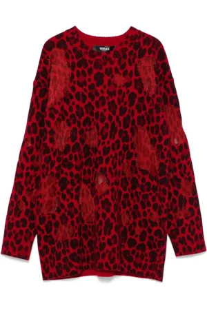 VERSACE Strik, Dame, Rød, 2XS, Uld, Leopard Print Strik Trøje