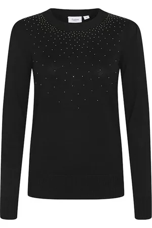 Saint Tropez Strik, Dame, Sort, M, Uld, Sort Strik Pullover med Similisten Detalje