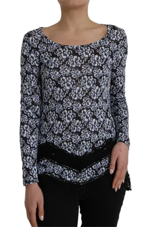 Roberto Cavalli Bluser & Skjorter, Dame, Flerfarvet, M, Blå Blomstret Blonde Langærmet Top