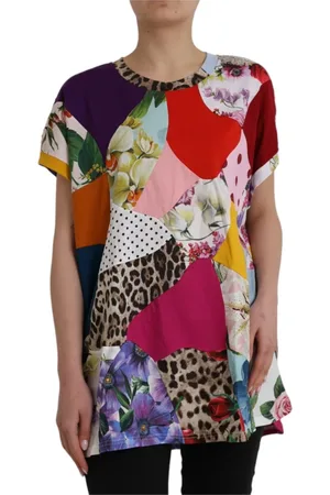 Dolce & Gabbana Top, Dame, Flerfarvet, 2XS, Bomuld, Patchwork Silke-Bomuld Bluse Top