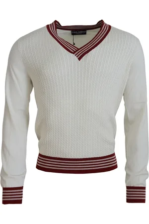 Dolce & Gabbana Strik, Herre, Hvid, XS, Bomuld, Silke og Bomuld V-Hals Pullover