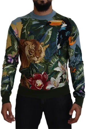 Dolce & Gabbana Strik, Herre, Flerfarvet, L, Uld, Jungle Broderet Uld-Silke Sweater