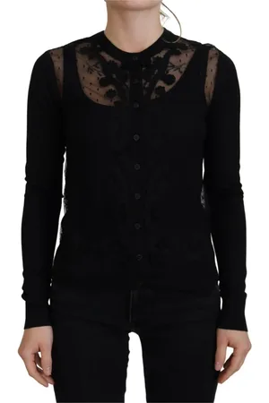 Dolce & Gabbana Strik, Dame, Sort, 2XS, Nylon, Elegant Sort Blomstret Blonde Cardigan
