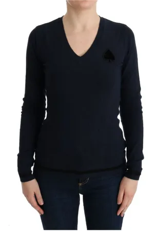 Costume National Strik, Dame, Blå, S, Polyester, Elegant blå V-hals sweater