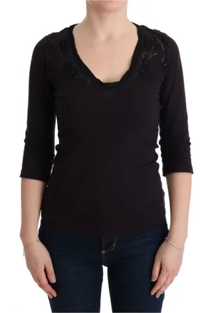 Costume National Top, Dame, Lilla, S, Bomuld, Elegant lilla V-hals bluse t-shirt