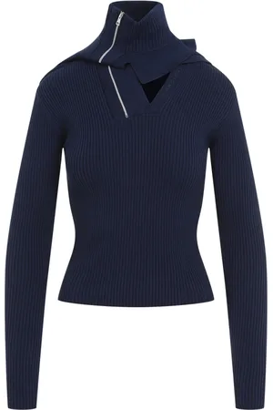 Y / PROJECT Strik, Dame, Blå, M, Uld, Marineblå Pullover med Stram Pasform og Klemte Skuldre