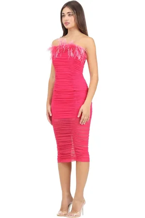 Patrizia Pepe Kjole, Dame, Lyserød, XS, Tyl, Elegant Fuchsia Midi Kjole med Fjer