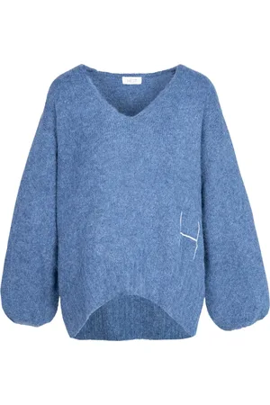 Hest Strik, Dame, Blå, M, Uld, Oversized V-hals Sweater