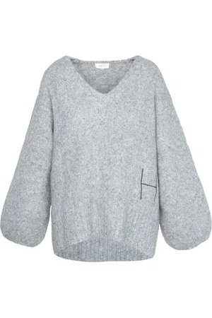 Hest Strik, Dame, Grå, S, Uld, Oversized V-hals sweater