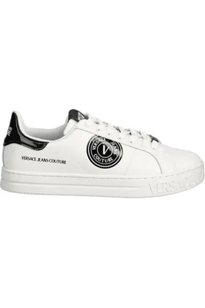 VERSACE Sko, Herre, Hvid, 39 EU, Læder, Hvide Sneakers med Sorte Detaljer