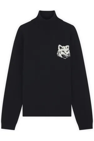 Maison Kitsuné Strik, Herre, Sort, S, Uld, Fox Head Uldtrøje Høj Hals