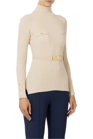 Elisabetta Franchi Strik, Dame, , M, Uld, Ribstrikket sweater med logo broderi