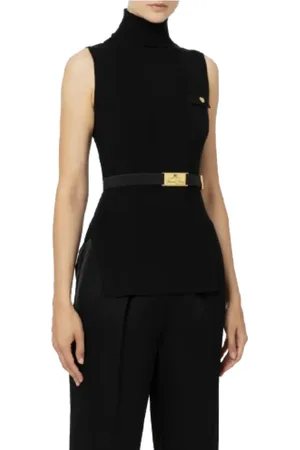 Elisabetta Franchi Top, Dame, Sort, L, Uld, Sort ribstrikket turtleneck sweater med logo-lomme