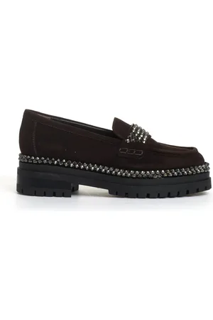NINALILOU Sko, Dame, Brun, 39 EU, Læder, Ebony Ruskind Loafer med Rhinestones