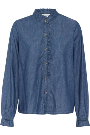 Cream Bluser & Skjorter, Dame, Blå, 2XL, Denim, Blå Denim Skjortebluse med Rynke