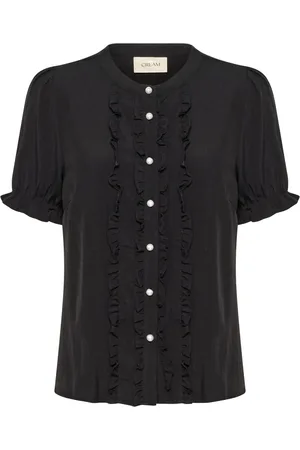 Cream Bluser & Skjorter, Dame, Sort, XL, Uld, Sort Ruffle Bluse med Mandarin Krave
