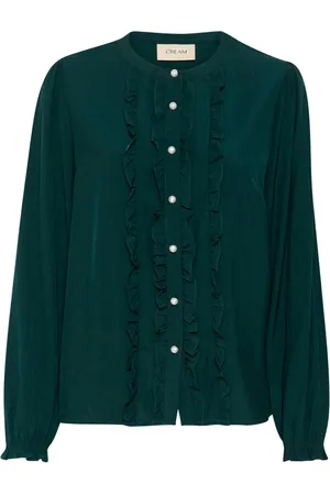 Cream Bluser & Skjorter, Dame, Grøn, 2XL, Ruffle Mandarin Krave Bluse Ponderosa Pine