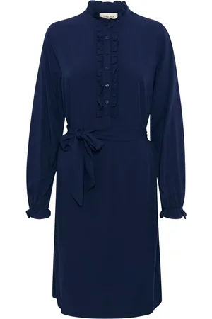 Cream Kjole, Dame, Blå, L, Navy Frill Kjole med Kinakrave