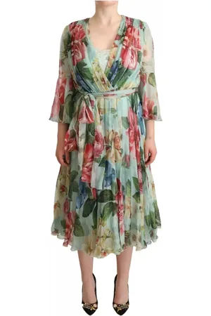 Dolce & Gabbana Kjole, Dame, Flerfarvet, 2XS, Blomsterprint silkekjole - Blå