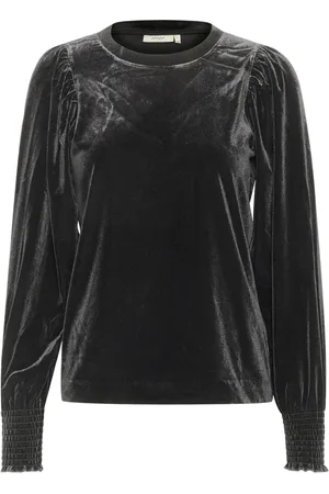 INWEAR Top, Dame, Sort, S, Uld, Sort bluse med smock-manchetter