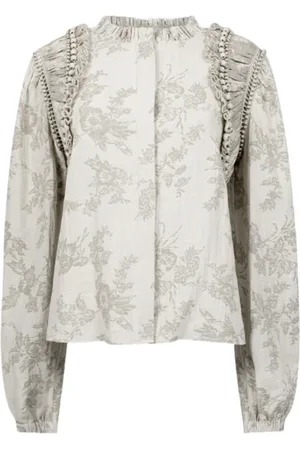 Mes Demoiselles Top, Dame, , 2XS, Bomuld, Blomstret bomuldsskjorte med perledetalje