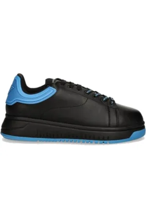Emporio Armani Sko, Herre, Sort, 41 EU, Læder, Sort lædersneaker med himmelblå retrostil