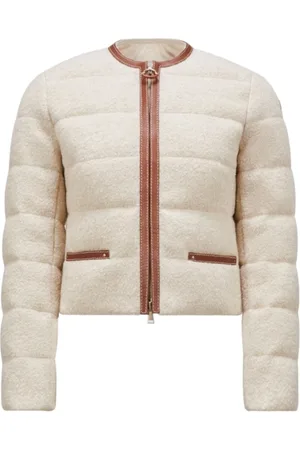 Moncler Jakke, Dame, Brun, S, Læder, Beige Kort Dunjakke med Læderkant