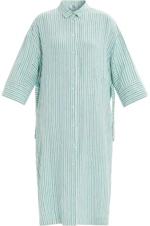 Persona by Marina Rinaldi Kjole, Dame, Grøn, 4XL, Uld, Stribet hørkjole med skjortekrave