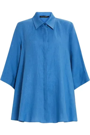 Persona by Marina Rinaldi Bluser & Skjorter, Dame, Blå, 5XL, Linned, Blåt Linned Tunika med Krave
