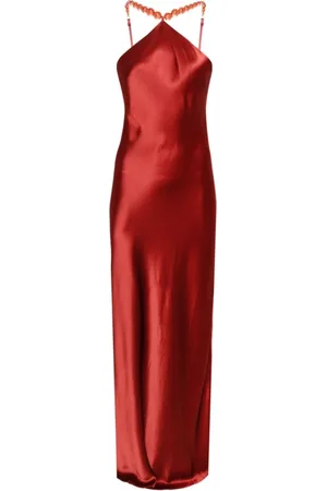 Staud Kjole, Dame, Rød, M, Satin, Satin Halter Slip Kjole med Perle Stropper