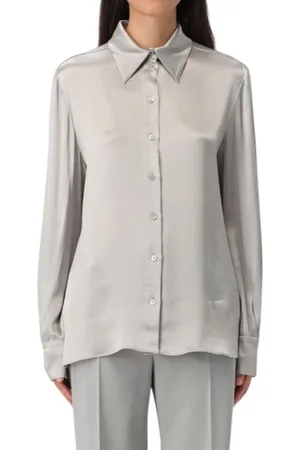 Alberta Ferretti Bluser & Skjorter, Dame, Grå, XS, Satin, Satin Skjorte med Lange Ærmer
