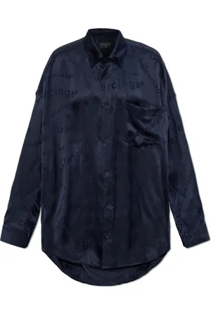 Balenciaga Bluser & Skjorter, Dame, Blå, 2XS, Silkeskjorte med logo